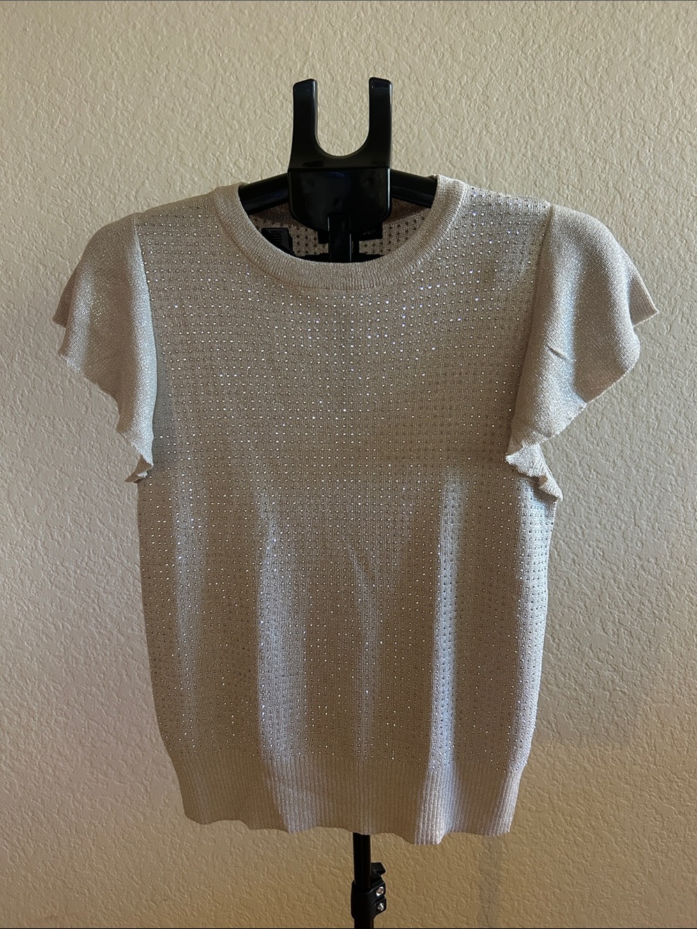 Light Cream Short Sleeve Knit Top with Eyelet Texture
